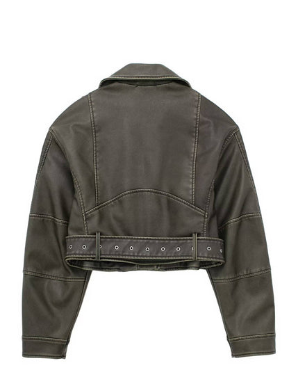 Cocolii court perfecto femme simili cuir poches ceinture fermeture éclair col revers manches longues décontracté veste