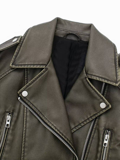 Cocolii court perfecto femme simili cuir poches ceinture fermeture éclair col revers manches longues décontracté veste