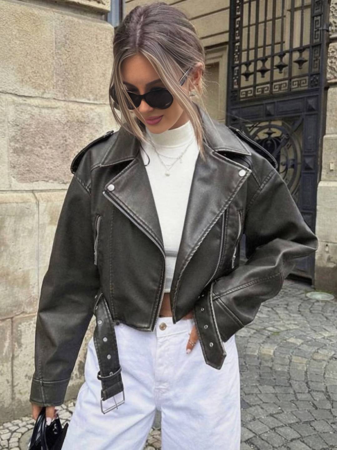 Cocolii court perfecto femme simili cuir poches ceinture fermeture éclair col revers manches longues décontracté veste