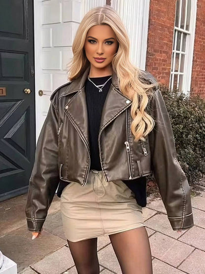 Cocolii court perfecto femme simili cuir poches ceinture fermeture éclair col revers manches longues décontracté veste