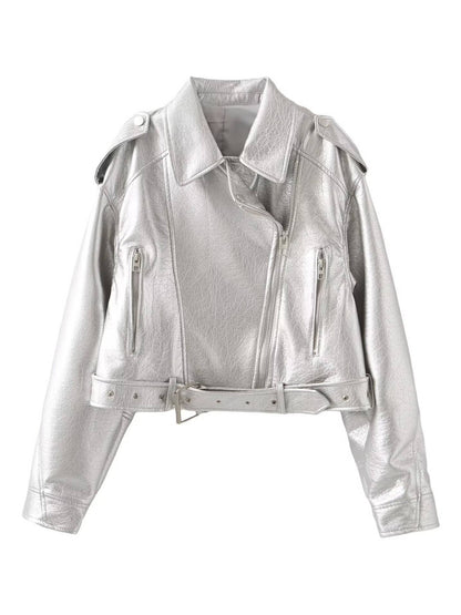 Cocolii court perfecto femme simili cuir poches ceinture fermeture éclair col revers manches longues décontracté veste