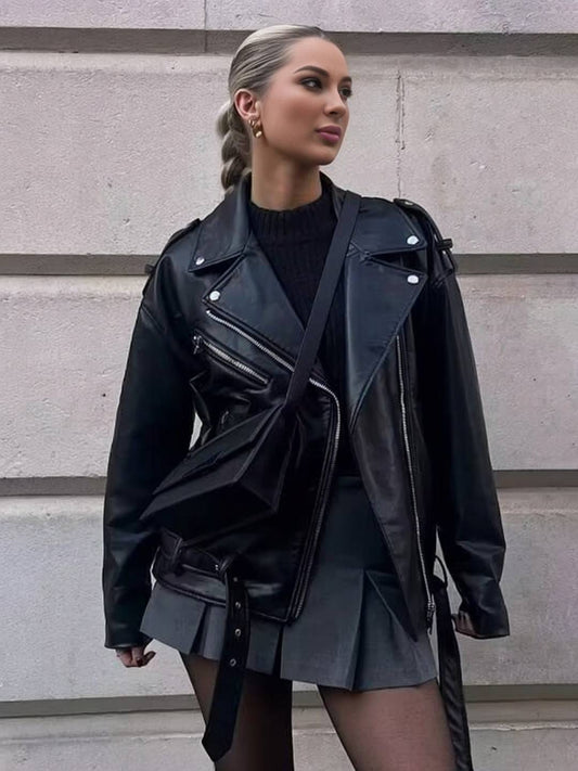 Cocolii perfecto veste femme simili cuir fermeture éclair poches ceinture col revers décontracté blouson motard