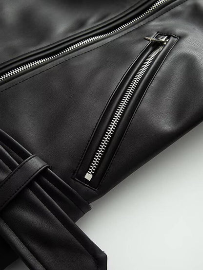 Cocolii perfecto veste femme simili cuir fermeture éclair poches ceinture col revers décontracté blouson motard