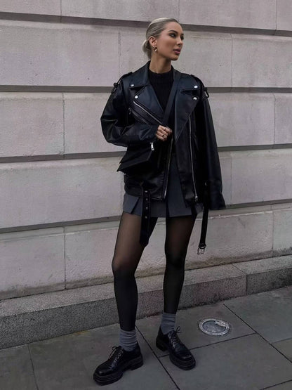 Cocolii perfecto veste femme simili cuir fermeture éclair poches ceinture col revers décontracté blouson motard