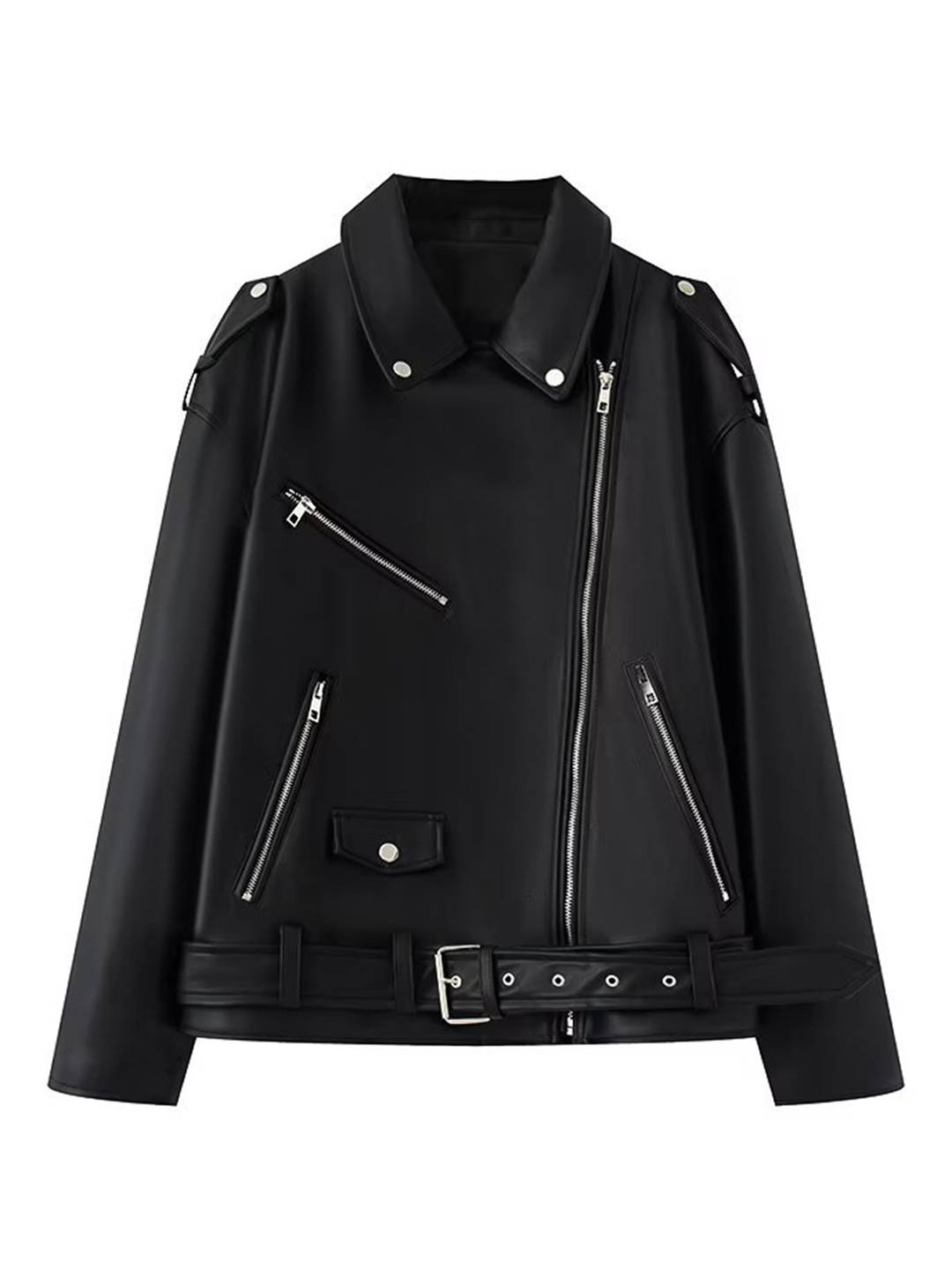 Cocolii perfecto veste femme simili cuir fermeture éclair poches ceinture col revers décontracté blouson motard