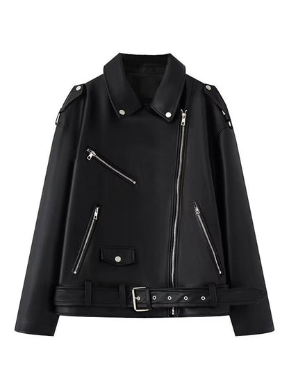 Cocolii perfecto veste femme simili cuir fermeture éclair poches ceinture col revers décontracté blouson motard