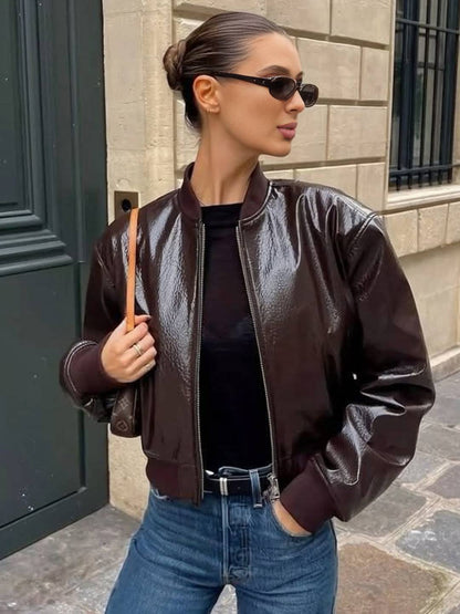 Cocolii blouson bomber femme en simili cuir fermeture éclair col base-ball manches longues décontracté veste motard automne