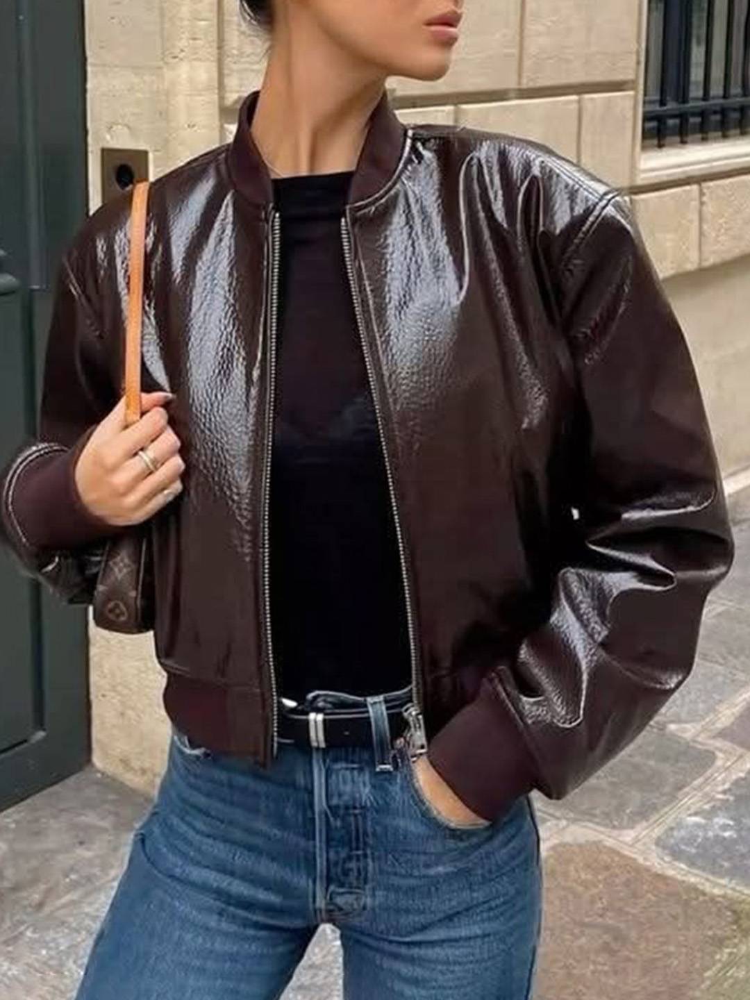 Cocolii blouson bomber femme en simili cuir fermeture éclair col base-ball manches longues décontracté veste motard automne