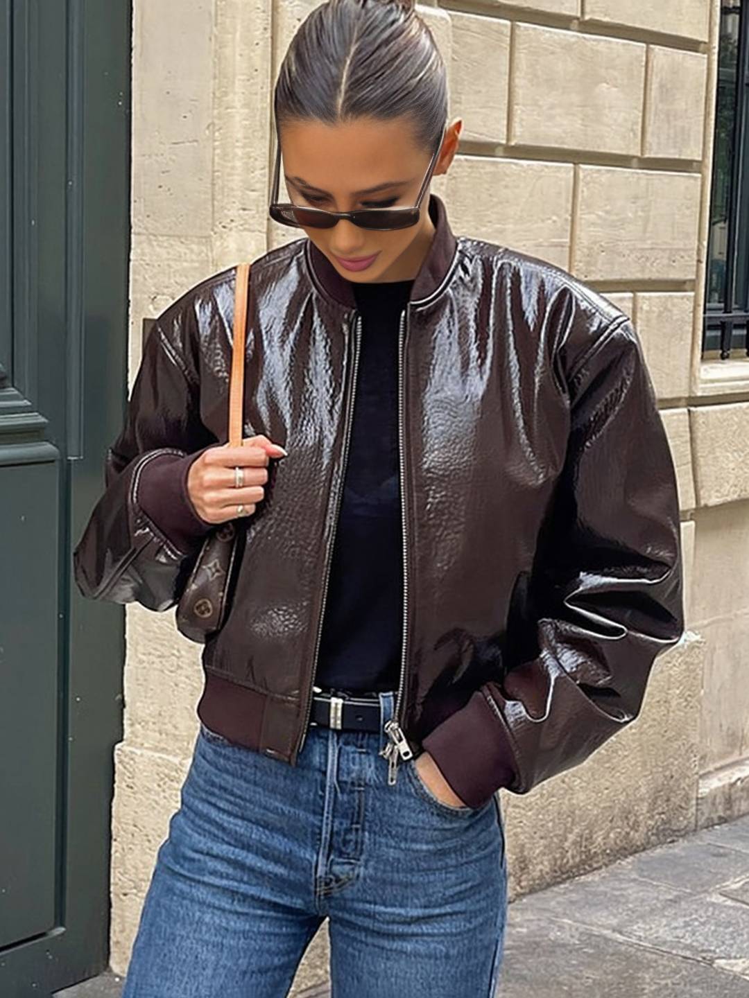 Cocolii blouson bomber femme en simili cuir fermeture éclair col base-ball manches longues décontracté veste motard automne