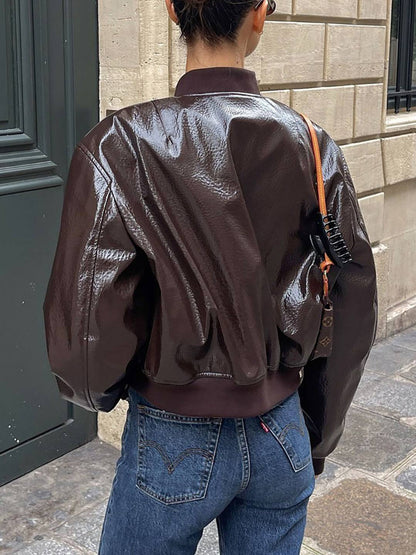 Cocolii blouson bomber femme en simili cuir fermeture éclair col base-ball manches longues décontracté veste motard automne