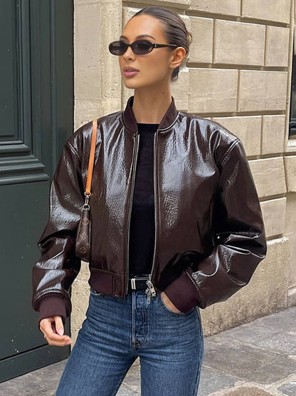 Cocolii blouson bomber femme en simili cuir fermeture éclair col base-ball manches longues décontracté veste motard automne