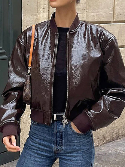 Cocolii blouson bomber femme en simili cuir fermeture éclair col base-ball manches longues décontracté veste motard automne
