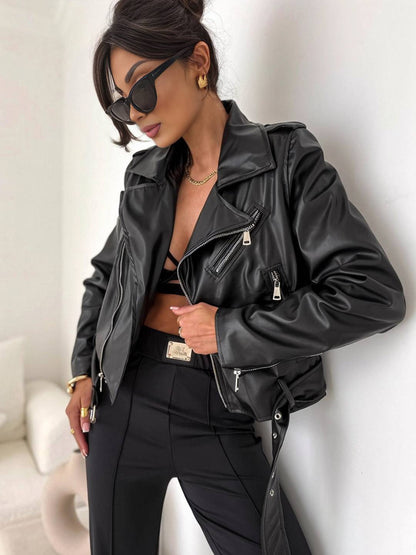 Cocolii perfecto femme cuir poches fermeture éclair col revers manches longues décontracté blouson biker veste