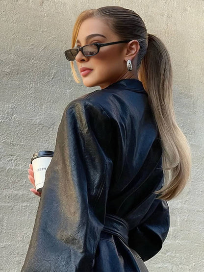 Cocolii longue trench en simili cuir femme boutonnage poches ceinture col revers décontracté vintage manteau