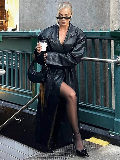 Cocolii longue trench en simili cuir femme boutonnage poches ceinture col revers décontracté vintage manteau