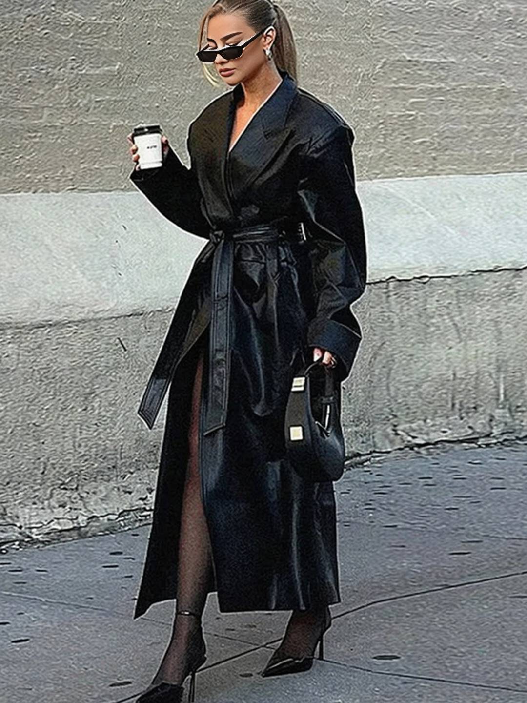 Cocolii longue trench en simili cuir femme boutonnage poches ceinture col revers décontracté vintage manteau