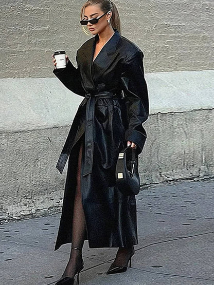 Cocolii longue trench en simili cuir femme boutonnage poches ceinture col revers décontracté vintage manteau