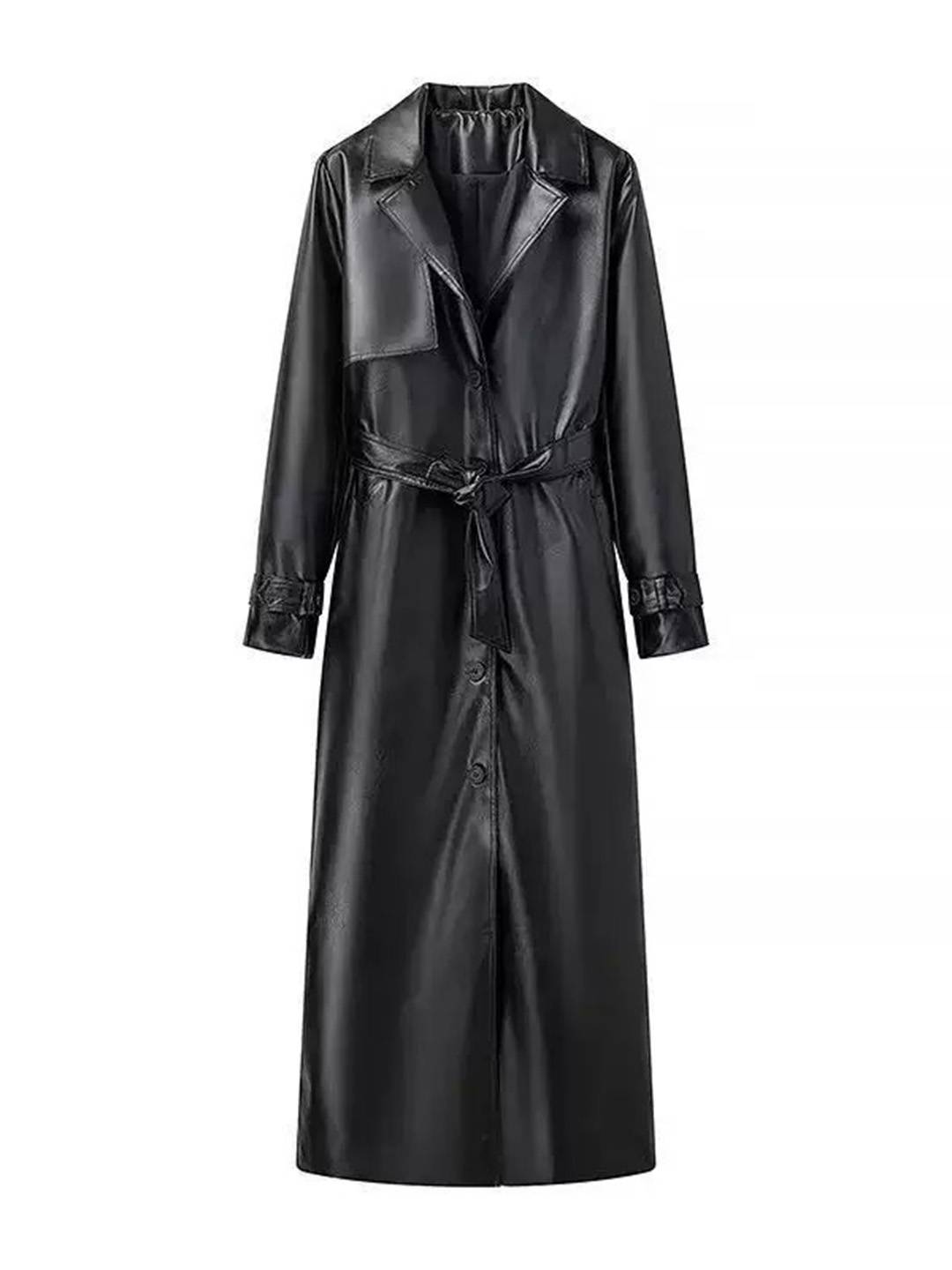 Cocolii longue trench en simili cuir femme boutonnage poches ceinture col revers décontracté vintage manteau