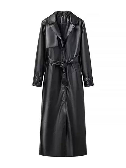 Cocolii longue trench en simili cuir femme boutonnage poches ceinture col revers décontracté vintage manteau