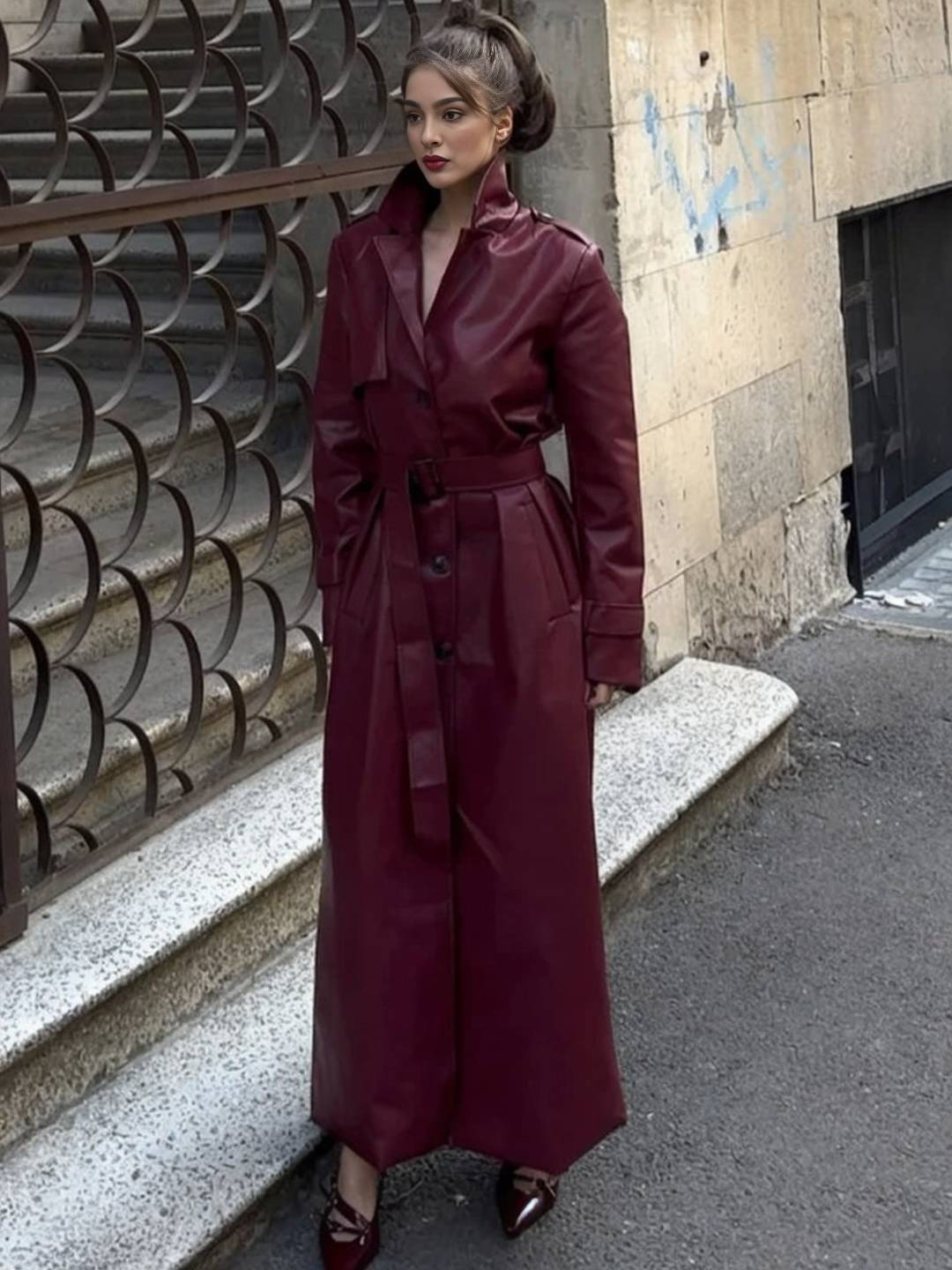 Cocolii longue trench en simili cuir femme boutonnage poches ceinture col revers décontracté vintage manteau