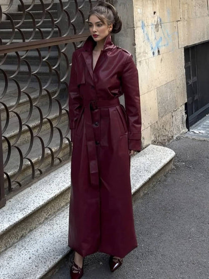 Cocolii longue trench en simili cuir femme boutonnage poches ceinture col revers décontracté vintage manteau