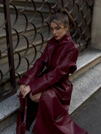 Cocolii longue trench en simili cuir femme boutonnage poches ceinture col revers décontracté vintage manteau