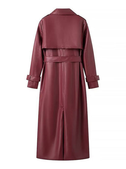 Cocolii longue trench en simili cuir femme boutonnage poches ceinture col revers décontracté vintage manteau