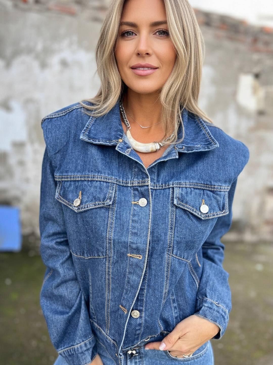 Cocolii veste en jean femme avec épaules structurées boutonnage manches longues vintage décontracté blouson