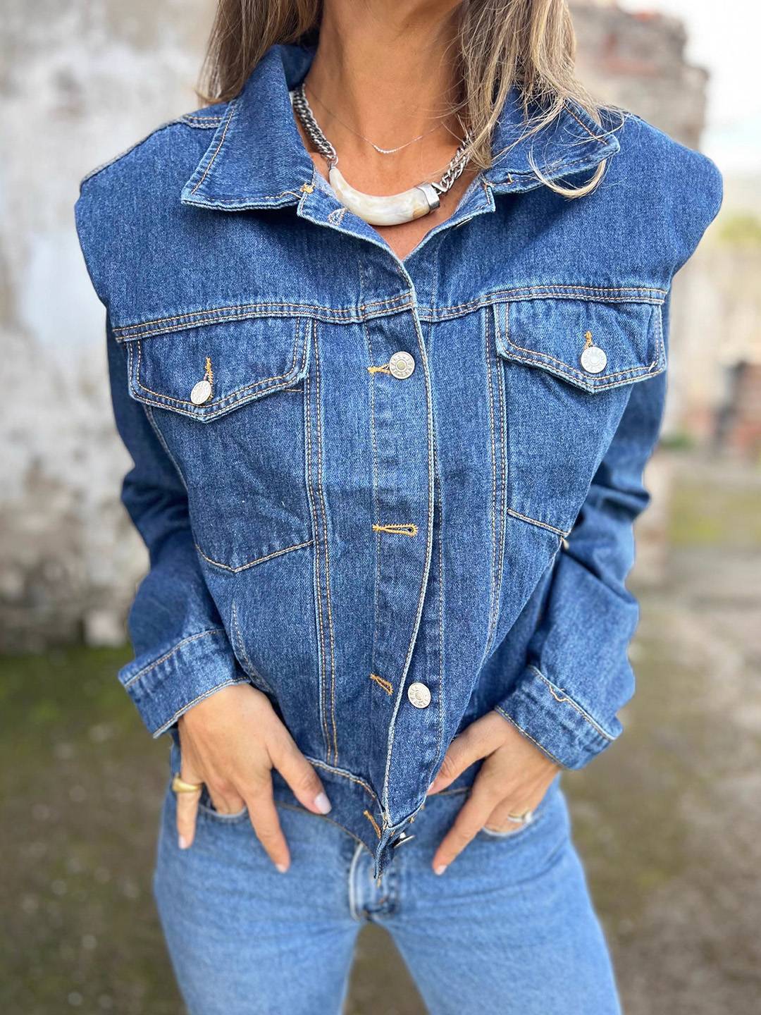 Cocolii veste en jean femme avec épaules structurées boutonnage manches longues vintage décontracté blouson