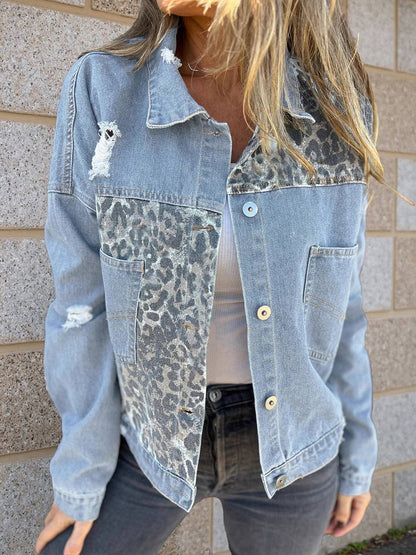 Cocolii veste en jean femme déchiré troué léopard poches manches longues style boyfriend décontracté blouson
