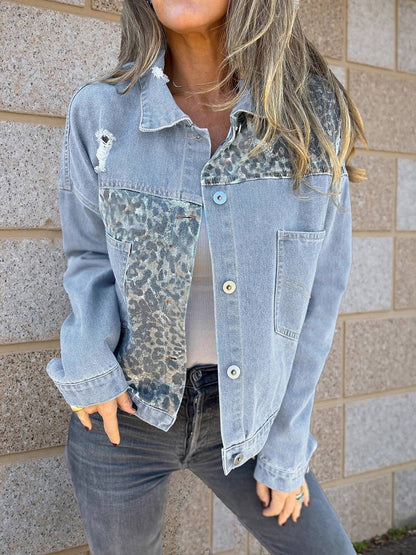 Cocolii veste en jean femme déchiré troué léopard poches manches longues style boyfriend décontracté blouson
