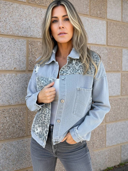 Cocolii veste en jean femme déchiré troué léopard poches manches longues style boyfriend décontracté blouson