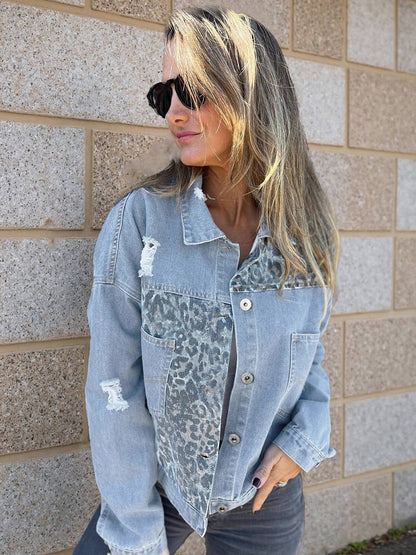 Cocolii veste en jean femme déchiré troué léopard poches manches longues style boyfriend décontracté blouson