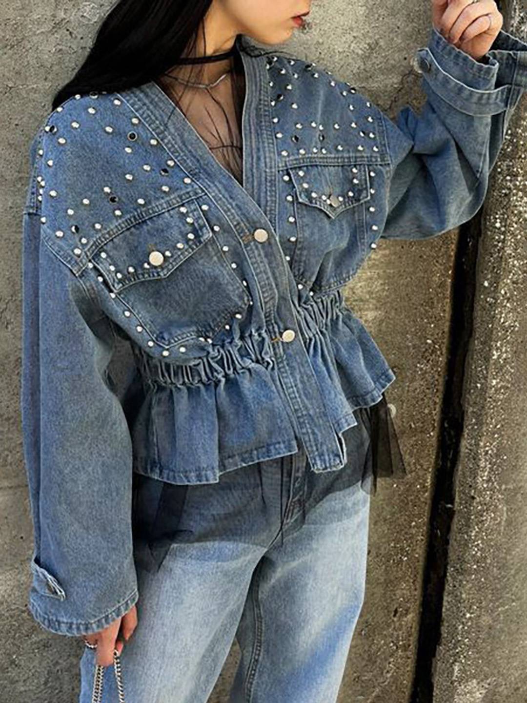 Cocolii court veste en jean femme à perles et rivets dentelle peplum v-cou manches longues style boyfriend décontracté blouson