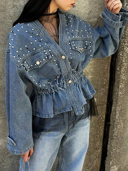 Cocolii court veste en jean femme à perles et rivets dentelle peplum v-cou manches longues style boyfriend décontracté blouson