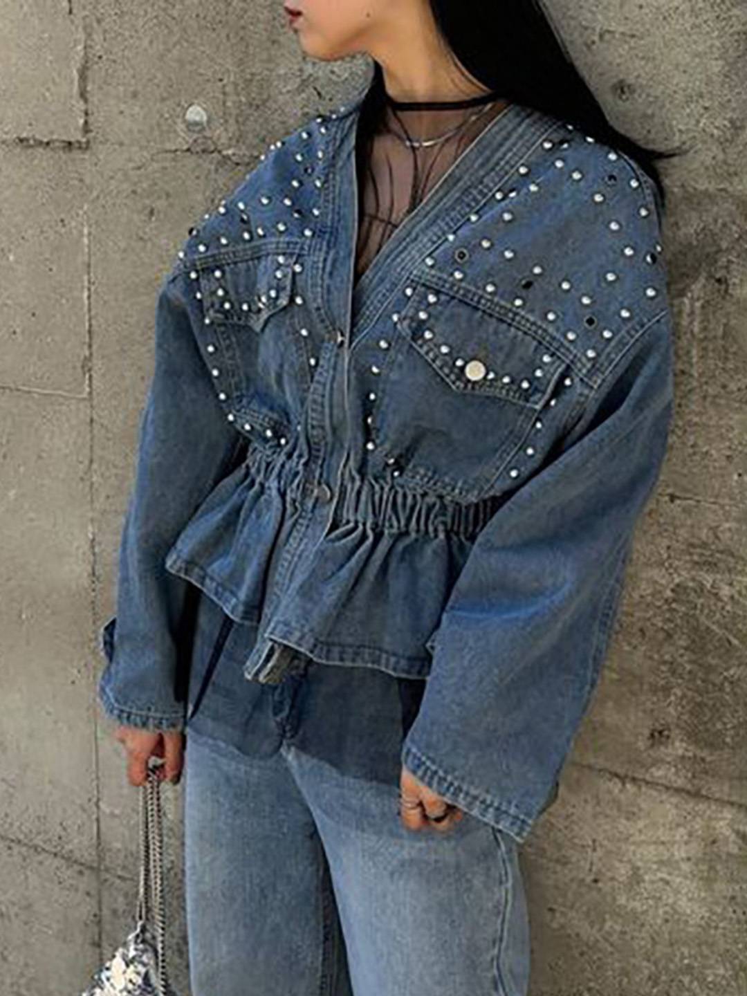 Cocolii court veste en jean femme à perles et rivets dentelle peplum v-cou manches longues style boyfriend décontracté blouson
