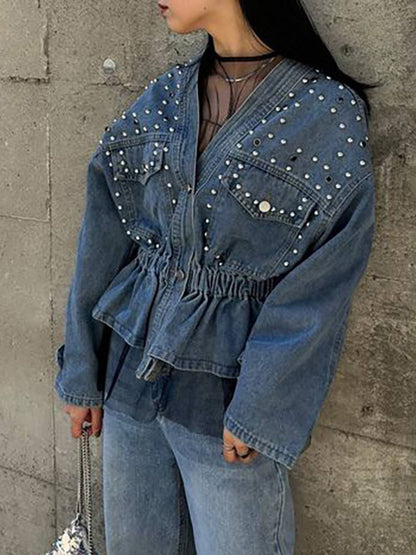 Cocolii court veste en jean femme à perles et rivets dentelle peplum v-cou manches longues style boyfriend décontracté blouson