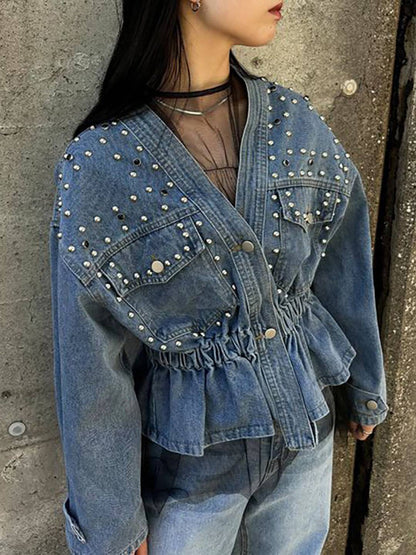 Cocolii court veste en jean femme à perles et rivets dentelle peplum v-cou manches longues style boyfriend décontracté blouson