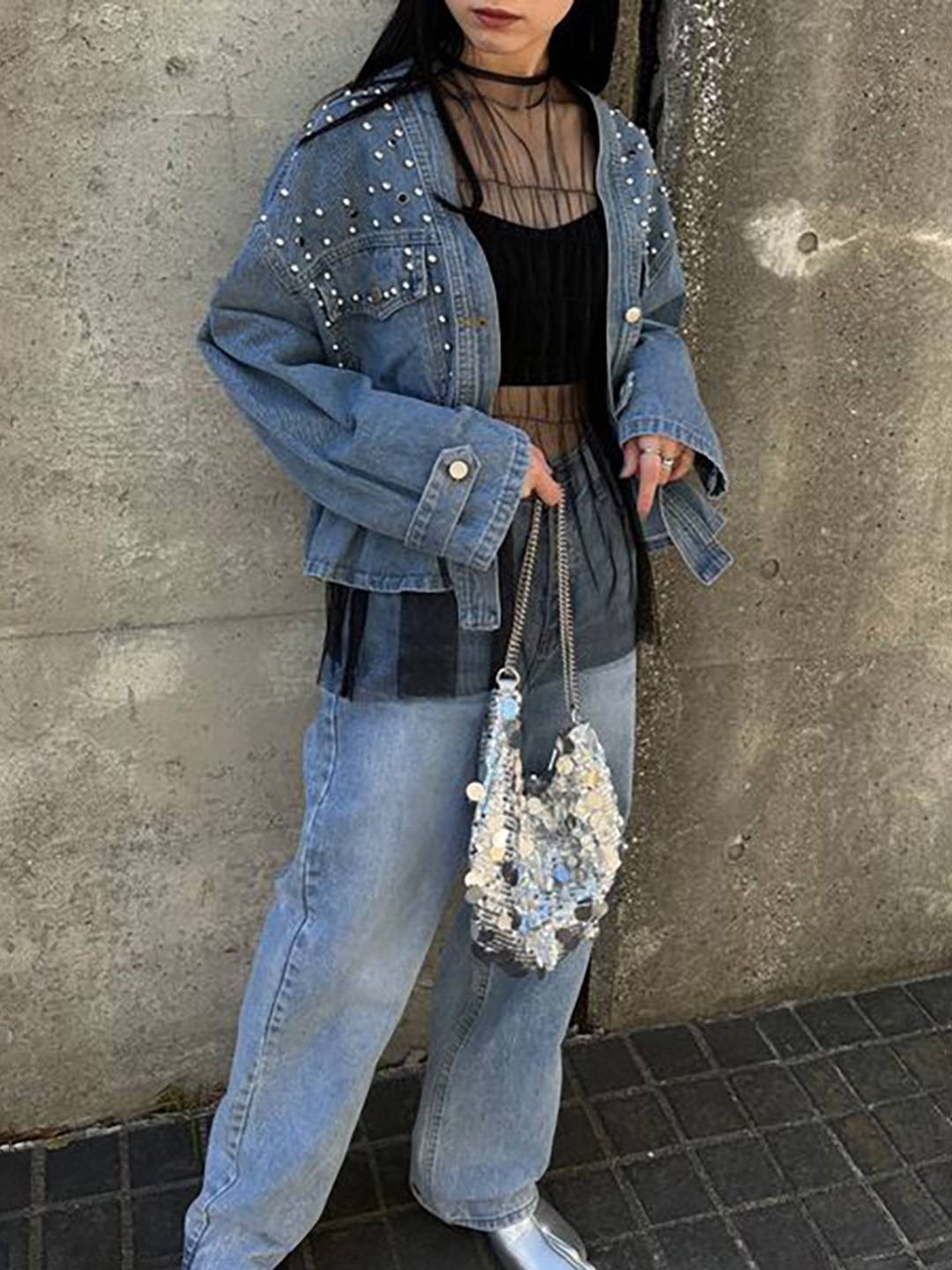 Cocolii court veste en jean femme à perles et rivets dentelle peplum v-cou manches longues style boyfriend décontracté blouson