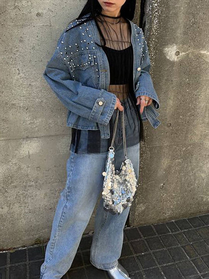 Cocolii court veste en jean femme à perles et rivets dentelle peplum v-cou manches longues style boyfriend décontracté blouson