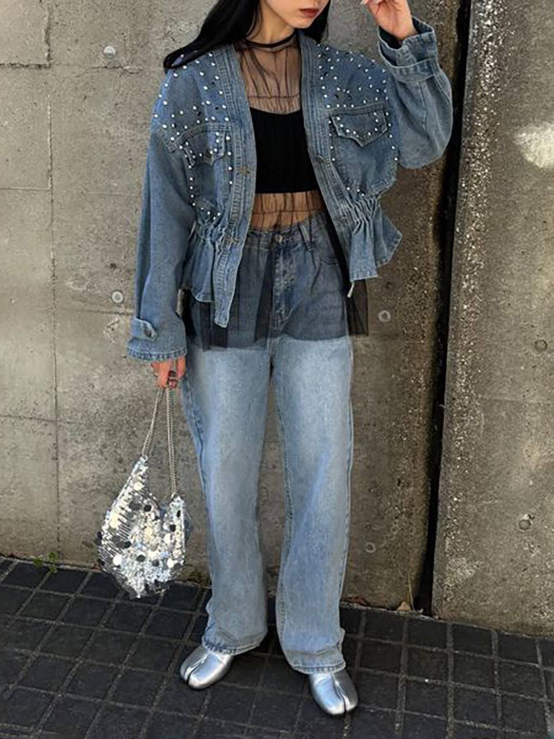 Cocolii court veste en jean femme à perles et rivets dentelle peplum v-cou manches longues style boyfriend décontracté blouson