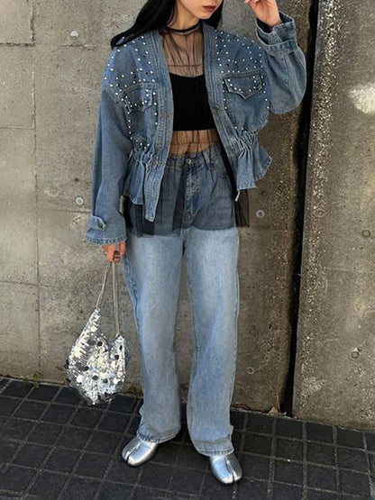 Cocolii court veste en jean femme à perles et rivets dentelle peplum v-cou manches longues style boyfriend décontracté blouson