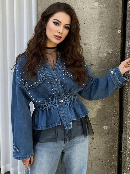 Cocolii court veste en jean femme à perles et rivets dentelle peplum v-cou manches longues style boyfriend décontracté blouson