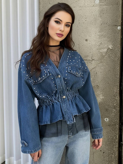 Cocolii court veste en jean femme à perles et rivets dentelle peplum v-cou manches longues style boyfriend décontracté blouson