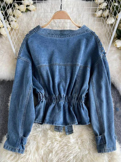 Cocolii court veste en jean femme à perles et rivets dentelle peplum v-cou manches longues style boyfriend décontracté blouson