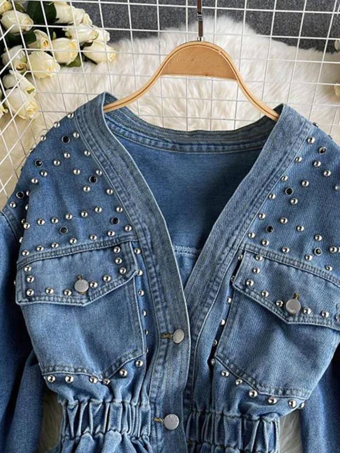 Cocolii court veste en jean femme à perles et rivets dentelle peplum v-cou manches longues style boyfriend décontracté blouson