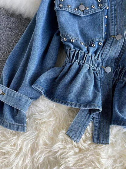 Cocolii court veste en jean femme à perles et rivets dentelle peplum v-cou manches longues style boyfriend décontracté blouson