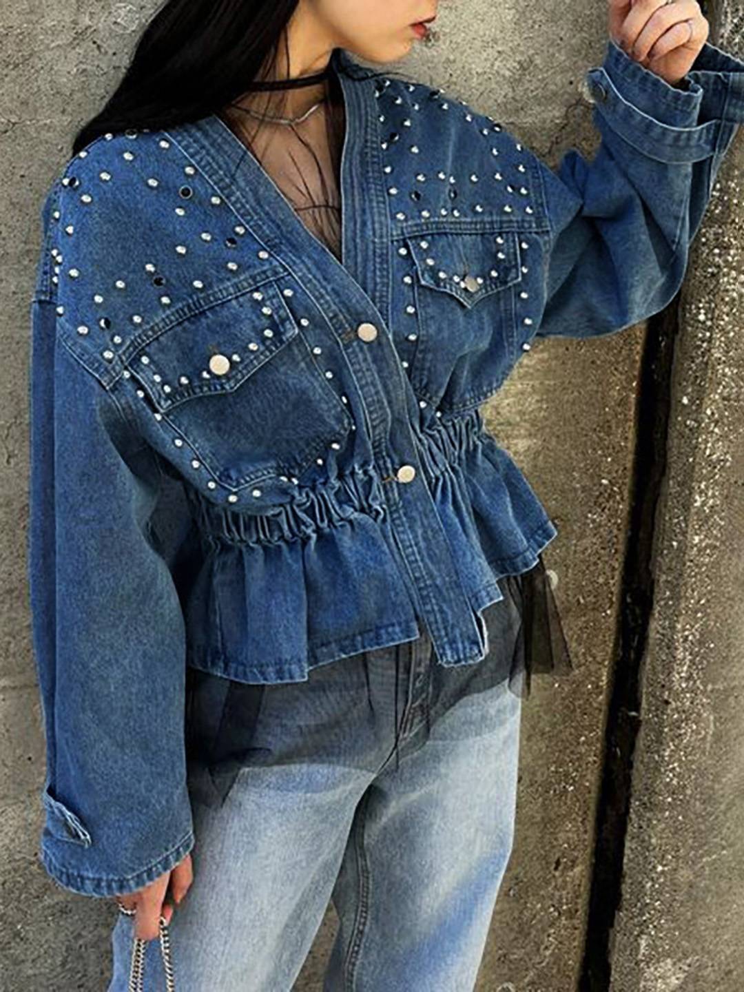 Cocolii court veste en jean femme à perles et rivets dentelle peplum v-cou manches longues style boyfriend décontracté blouson
