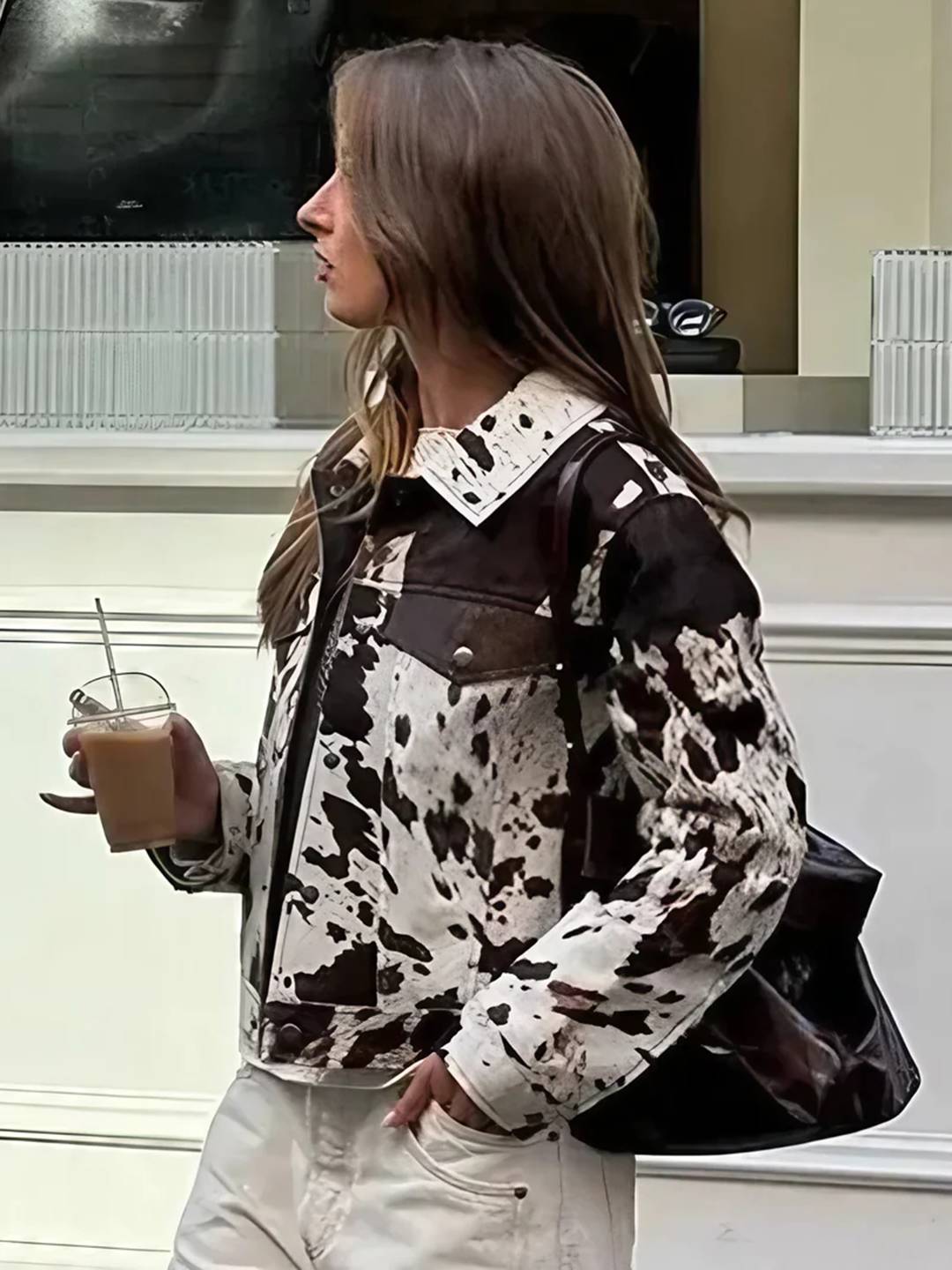 Cocolii veste en jean femme imprimé vache doudoune boutonnage poches manches longues boyfriend décontracté automne