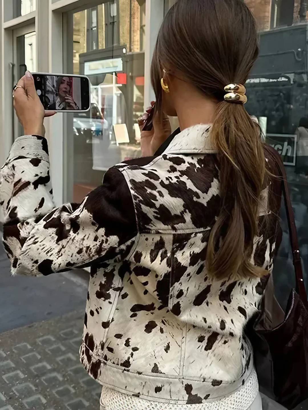 Cocolii veste en jean femme imprimé vache doudoune boutonnage poches manches longues boyfriend décontracté automne